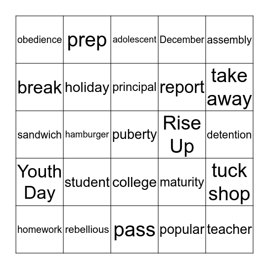 Vocabulary Bingo Card