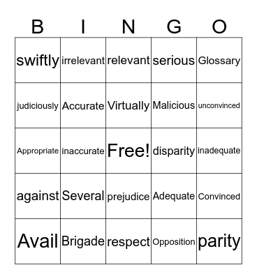 Vocab words March Bingo Card