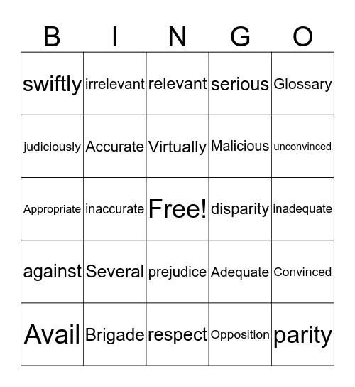 Vocab words March Bingo Card