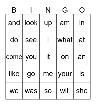 Sight Words Bingo Card