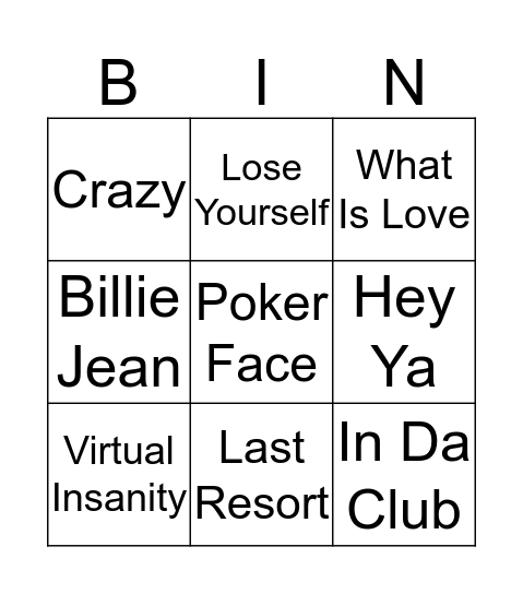 Rock n Roll Bingo Card