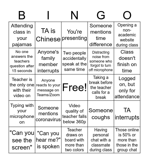 Online Learning Bingo Card