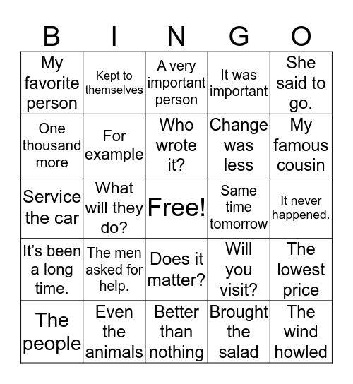 Phrase Bingo Card