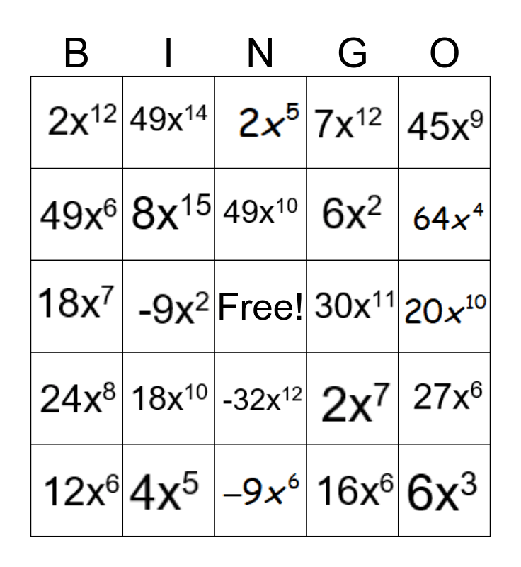 Exponent Bingo Card