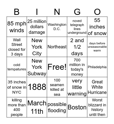 Blizzard of 1888 Bingo Card