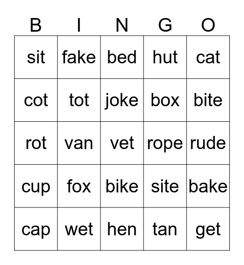 CVC/Long Vowel (e) Bingo Card