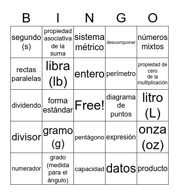 Vocabulario de Matemáticas Bingo Card