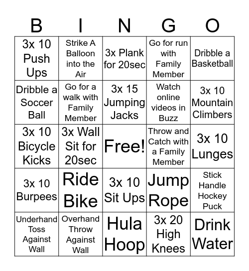 Online PE Bingo Card