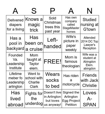 A-SPAN BOARD BINGO Card