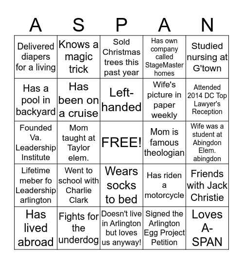 A-SPAN BOARD BINGO Card