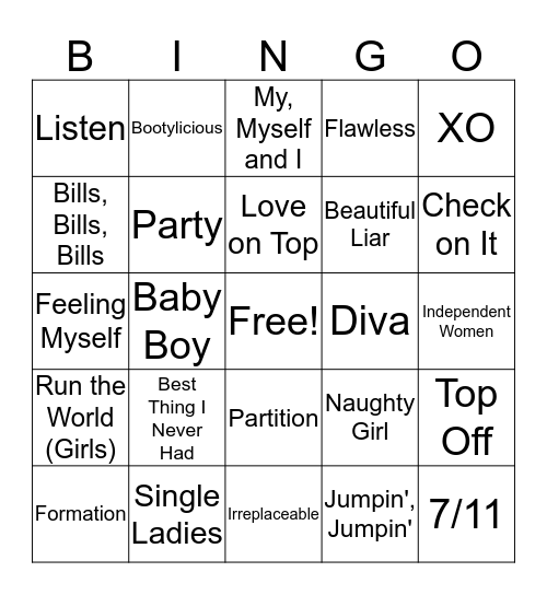 Music Bingo: Destiny's Child & Beyonce Edition Bingo Card