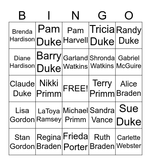 Duke Family Reunion Bingo Card