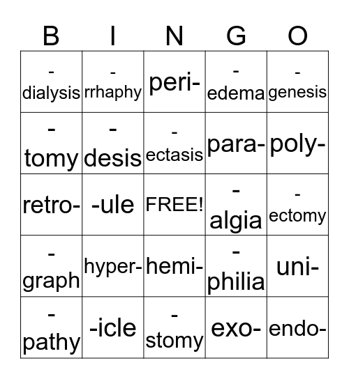 Prefix and Suffix Bingo Card