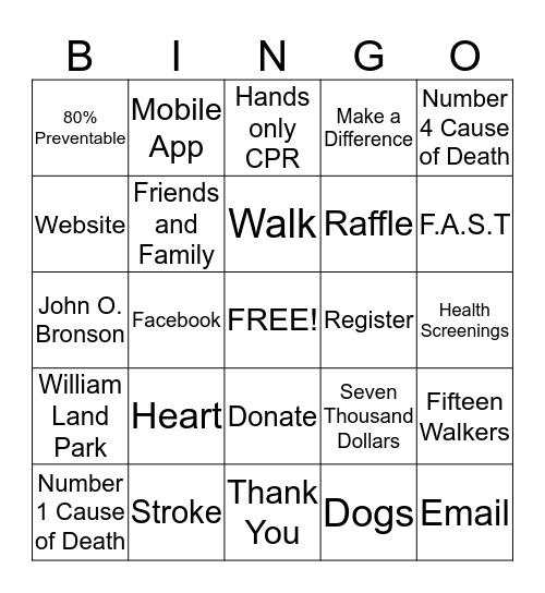 Heart & Stroke Walk Bingo Card