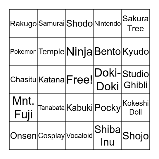 Japanese Culture Club Bingo Card