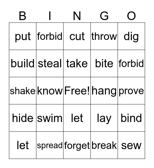 Past Participle Bingo Card