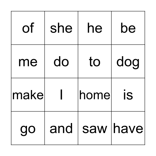 Sight Word Bingo Card