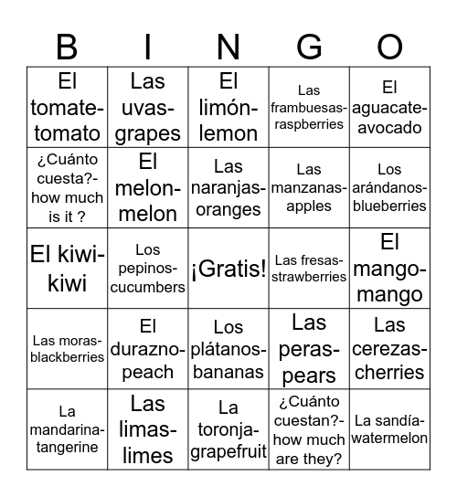 Las frutas Bingo Card