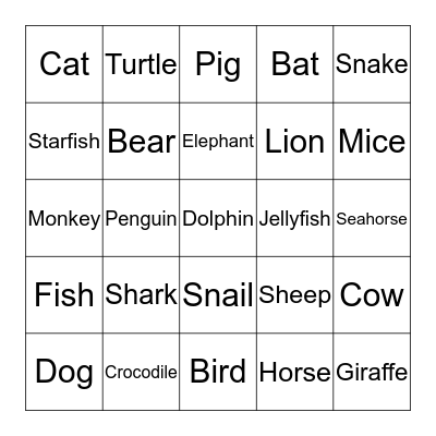 Animals Bingo Card