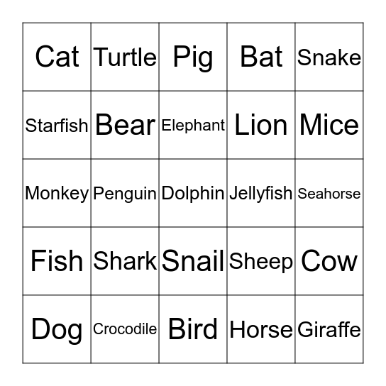 Animals Bingo Card