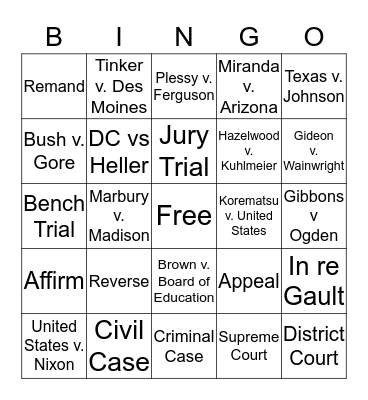 Supreme Court Cases Bingo Card