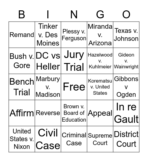 Supreme Court Cases Bingo Card