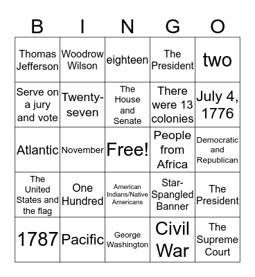 Citizenship Bingo Card