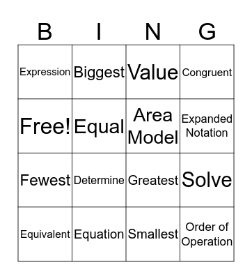 Math Vocabulary Bingo Card