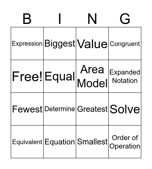 Math Vocabulary Bingo Card