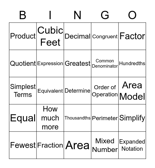 Math Vocabulary Bingo Card