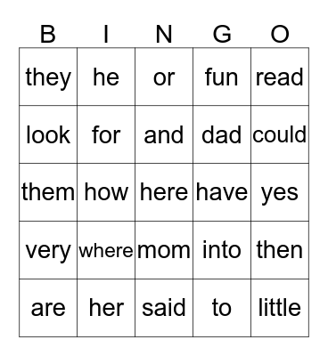 Sight Words Bingo Card