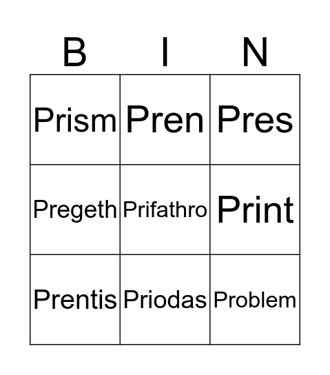 Cytseiniad Clwm "Pr" Bingo Card