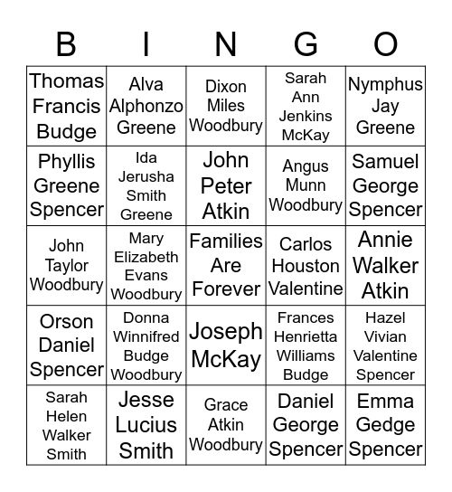 Woodbury Ancestors Bingo Card