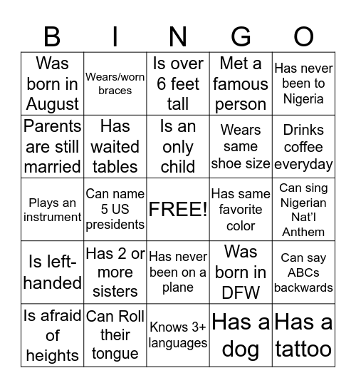 JHD's Get To Know Ya! Bingo Card