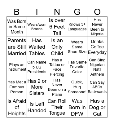 JHD's Get To Know Ya! Bingo Card