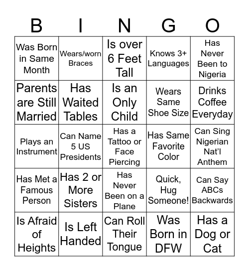 JHD's Get To Know Ya! Bingo Card