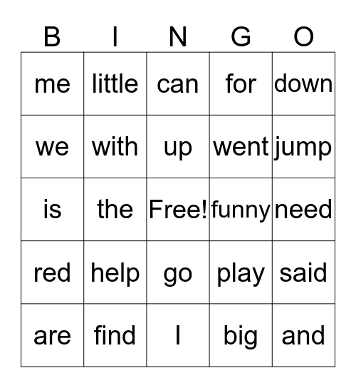 Pre-Primer Sight Word BINGO Card