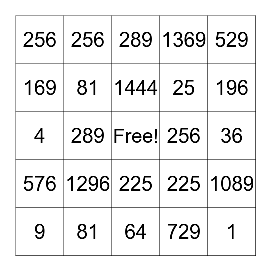 Squared Numbers Bingo Card