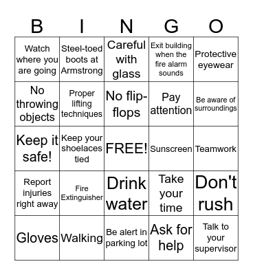 Safety Bingo Card