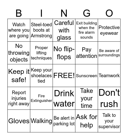 Safety Bingo Card