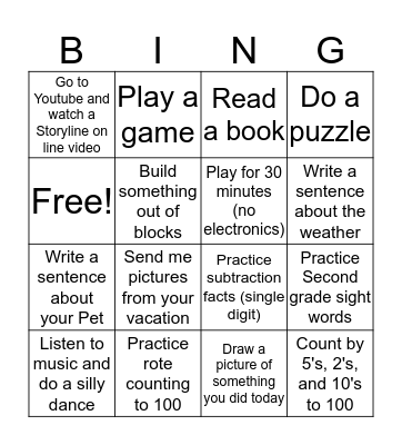 Home Learning Bingo Card