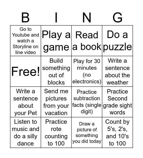 Home Learning Bingo Card