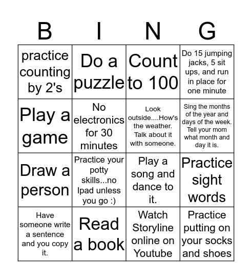 Vivian Home Learning Bingo Card