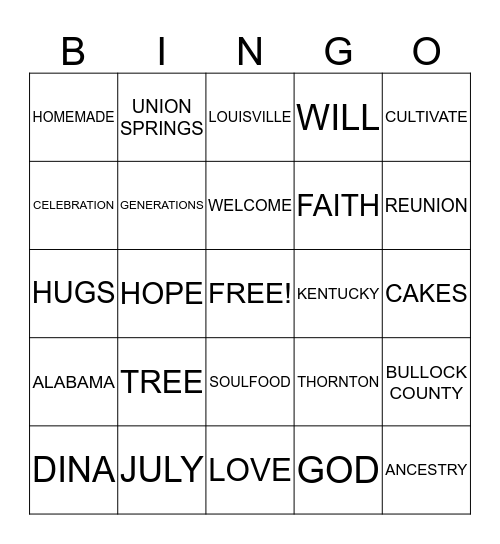 THORNTON FAMILY REUNION  Bingo Card