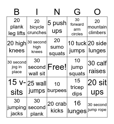 Fitness Bingo Card