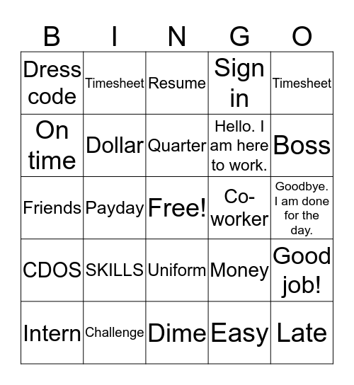 Internship Bingo Card