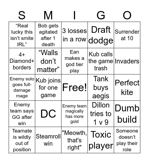 Smingo Bingo Card