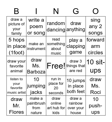 Art, Music, PE  Bingo Card