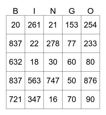 Number Sense Bingo Card