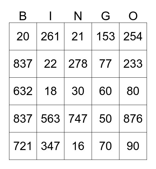Number Sense Bingo Card